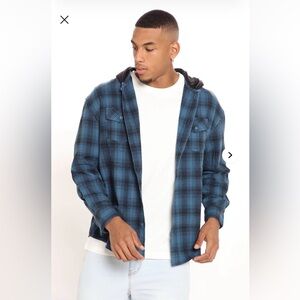Fashion Nova Blue Plaid Hoodie Shirt